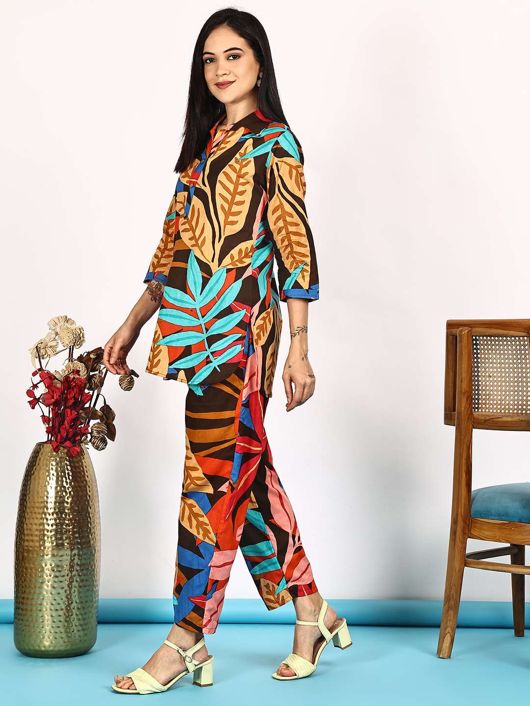 Women's Pure Cotton Printed Collared Top and Pant Co-ord Set (Multti Color1)