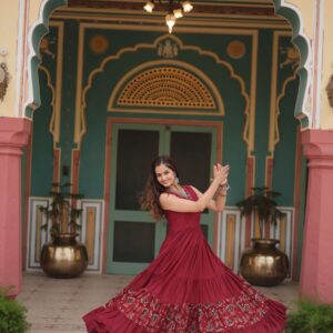 Maroon Designer Heavy Reyon Gown with Printed Frill & Fancy V-Neck