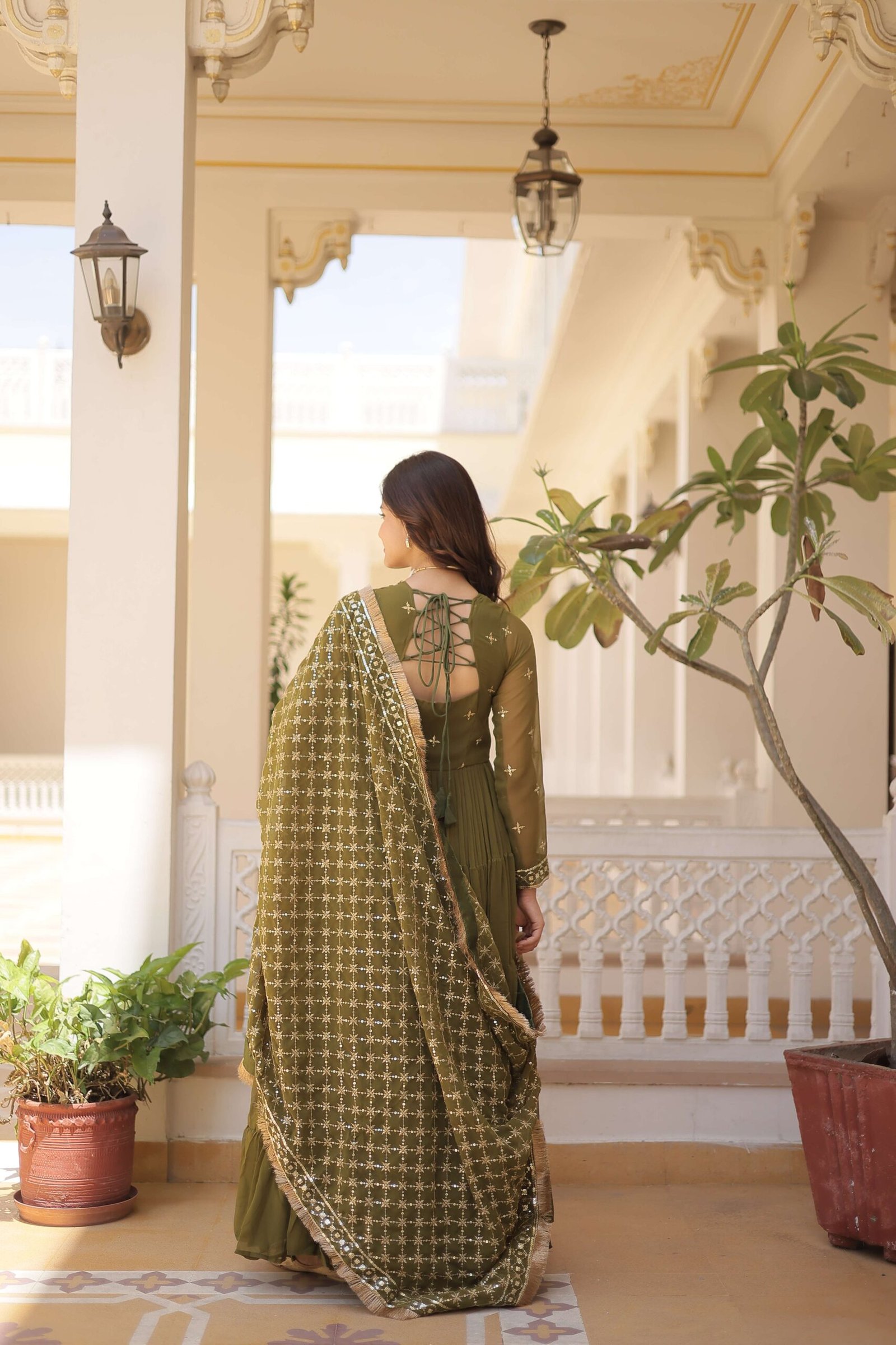 Mehandi Designer Faux Georgette Gown with Sequined Dupatta ? Elegant Festive & Party Wear Set - Image 7